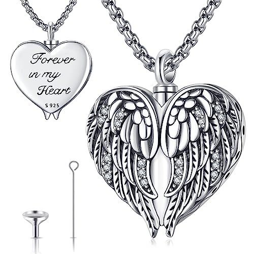 LOOVE Angel Wing Necklace for Ashes Sterling Silver Urn Necklaces for Ashes for Women Cremation Necklace Heart Pendant Ashes