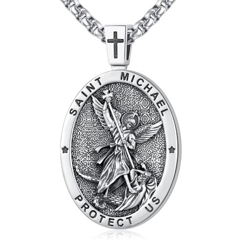 LOOVE St Michael Necklace for Men Sterling Silver Archangel St Michael Necklace for Women Saint Michael Medal Religious