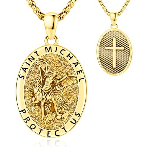 LOOVE Saint Necklace St Michael Necklace for Men Golden Sterling Silver Saint Michael Pendant 14K Gold-Plated Archangel