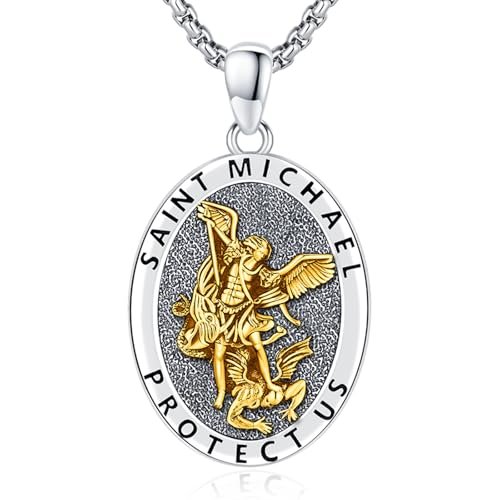 LOOVE 925 Sterling Silver St Michael Necklace for Men Gold-Plated Saint Michael Pendant Women Archangel Saint Amulet