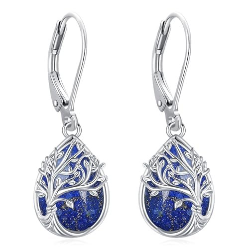 LOOVE Lapis Lazuli Earrings for Women Sterling Silver Leverback Teardrop Gemstone Dangling Crystal Birthstone Tree of Life