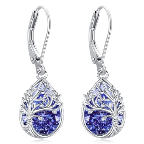 LOOVE 925 Sterling Silver Tree of Life Earrings Dangle Leverback Drop Tanzanite Earrings for Women Dangling Silver Teardrop