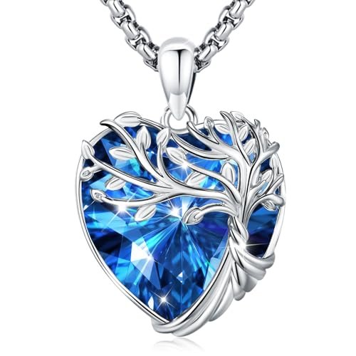 LOOVE Birthstone Tree of Life Necklace Austrian Crystal Heart Necklaces for Women White Gold Plated Copper Jewelry